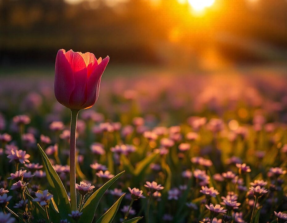 Bild einer Tulpe auf einer Blumenwiese, im Hintergrund sieht man den Sonnenuntergang