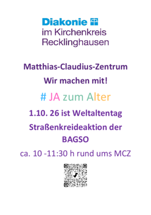 Plakat zur Aktion. Farbiger Text Matthias-Claudius-Zentrum Wir machen mit 1.10.2026 10 h - 11:30 h
